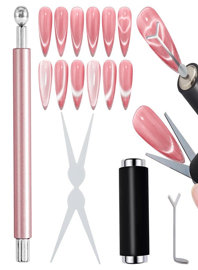 JERCLITY 4-Piece Cat Eye Magnet for Nails, Pink Dual-Head Cylinder Magnet, Magnetic Beads, Black Cylindrical Magnets, Scissor-Shaped and Y-Shaped Tools for Creating French and Heart Cat-Eye Effects - Image 1